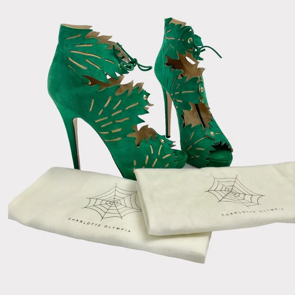 Charlotte Olympia Eve Green Tropical Leaf Heels